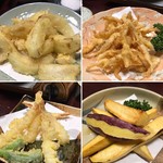 奥ながら - 玉ねぎ、白海老のかき揚げ、海老の天ぷら、さつまいも