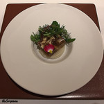 カーサ・デル・チーボ - 車海老のコンソメジュレとシャモロック、トピナンブールのピューレ