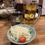 串揚げ かのや - H30.11　お通しキャベツ・生中