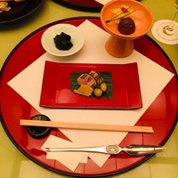 加賀屋 銀座店 - 前菜 
                魳棒寿司 芋ぬた和え 揚げ銀杏 栗渋皮煮 金時草お浸し