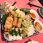 An Vien - ①KHAY NAM（Southern Vietnaese tray with 2 kinds of spring rolls &grilled shrimp paste on sugar cane)一人110,000ドン×２名分＝220,000ドン（≒約1100円）