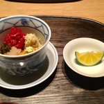 肉割烹 上 - 北海道厚岸バフンウニ 毛ガニ ユッケ まるかわ ももにく 富山白エビ