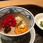 肉割烹 上 - 北海道厚岸バフンウニ 毛ガニ ユッケ まるかわ ももにく 富山白エビ