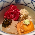 肉割烹 上 - 北海道厚岸バフンウニ 毛ガニ ユッケ まるかわ ももにく 富山白エビ