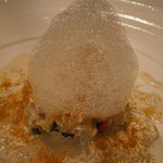 オルタシア - 相方前菜１　松皮鰈と帆立貝のカルパッチョ　花びら茸のマリネ　カラスミシャルドネクリーム