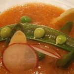 オルタシア - あちき用前菜１　緑健トマトのガスパチョ　焼き茄子とマスカルポーネムース　やわらかな鮑と共に