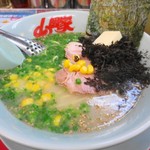 ラーメン山岡家 - 朝ラーメン450円、黒ばら海苔110円、コーンとバター、それぞれ60円、麺硬め、油抜き、梅ペースト抜き