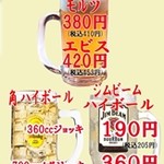 すし屋 銀蔵 - ドリンク写真:角,ジムビームハイボール１９０円　角,ジムビームメガハイボール３６０円 　モルツ380円エビス420円　各１杯の値段です。