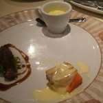 ZONA ITALIA - 前菜3点盛り  牛ハラミソテー  白身魚の白ワインソース   コーンスープ