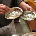 日本料理 たかむら - 男鹿産大物鮑の殻　15～16センチはあるかな