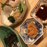 はらまさ - お刺身^_^ ヒラメ、蟹^_^ あん肝、海苔