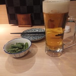 Yakitori Toriichi - 生ビールとお通し