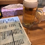 海猫 - メニューと生ビール。