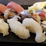 Sushi zanmai - お好み握り。中トロ、関アジ、えんがわ、とりがい、活たこ、あわび。