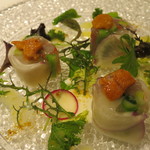 リストランテ サクラ - 小川商店のウニ、カブ、アスパラ、ナバナ、からすみパウダー