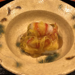 御料理 古川 - 天草産車海老 水前寺菜 汲み上げ湯葉豆腐の菊花ジュレ掛け 忍び山葵　１品目から唸る味わい