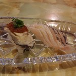 鮨 しょう菜 - 牡蠣、サワラ炙り握り