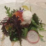 フレンチレストラン ル・シャンドール - 前菜はサーモンとホタテの貝柱のタルタルソース添えです。

ピンクペッパー入りのサワークリームが乗ってました。