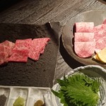 銘酒と焼肉 京澤 - カルビ盛り　タン三種盛り