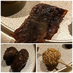 膾炙 - ＊ビーフジャーキー・・定番ですが美味しいこと。 ＊肉みそで和えたむかご・・大きなむかごですこと。 ＊銀杏、胡麻衣で。