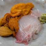 うを徳 - 2018.12 刺し盛り（昆布森バフンウニ、落石バフンウニ、利尻ヒラメ）