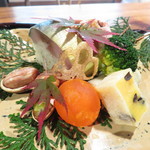 心根 - 八寸　牡蠣コンフィの林檎巻き　安納芋・黒豆きんつば　里芋・胡桃白和えなど