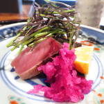 心根 - 焼き物　ハガツオ叩き　焼き辛子菜　赤大根鬼卸し　完熟酢橘