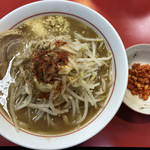 千里眼 - ラーメン 麺150g ヤサイ半分・ニンニク・ショウガ・アブラちょっとのカラアゲ別皿で 750円