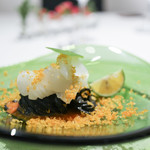 イル コラッツィエーレ - 前菜 アオリイカとカラスミ イカスミを練りこんだ手打ち冷製タリオリーニ☆