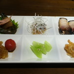 豊栄 - 前菜盛り合わせ（エビと数の子の紹興酒漬け、シマアジ腐乳、白子揚げ物など）