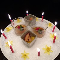 燈々庵 - わぁー       お誕生日バージョン    
                水物  紅茶プリン   ラズベリー黒豆 カラメルソース
                苺と みかんの ゼリー寄せ