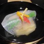 野嵯和 - 蒸しアワビ、源助大根、キビ餅、ほうれん草の椀。　　　　　　2018.12.01