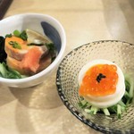 函館 海や - 半熟玉子とイクラの前菜&あん肝ポン酢