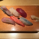 地物産品料理処根ぼっけ - 寿司・〆鯖、帆立、本鮪赤身、根ぼっけ、ずわい蟹、真いか