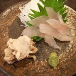 金町製麺 - 馬面ハギの刺身（蒸し肝付き）