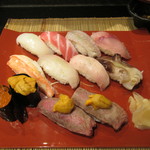 Sushi Sakaba Fumiichi - 特上握り＋生ウニと黒毛和牛の炙り。3000＋1500円