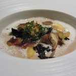 レストラン バカール - シャテーニュ栗のブルーテ フォアグラとチンタセネーゼの生サラミと1