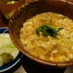 石臼挽きそば 石月 - 親子汁をつけて蕎麦を。