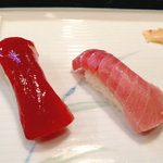 千代田鮨 - 赤身ヅケと中トロ。ブレてしまいました…