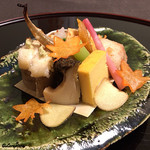 御料理 寺沢 - 蒸し鮑､本柳葉魚､唐墨味噌漬､海老薯素揚げ､堀川牛蒡に穴子白焼き