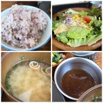 コーデュロイカフェ - 「雑穀米」「サラダ」「お味噌汁」「カツソース」 サラダはお野菜タップリで「胡麻ドレ」がかけられています。