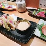 さかなさま - 明太子の燻製炙りと鰹のレアかつ