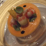 レストラン サンパウ - Deustacion　トマトとスイカのベルベット　車エビ、キュウリ、バジル