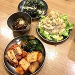 Oosaka Yakiniku Horumon Futago - キムチ盛り合わせ、ポテトサラダ、韓国のり、唐辛子辛味