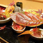 銀座 しのはら - 八寸：氷見のぶり、牡蠣胡麻あえ、きす、庄内なまふチーズ入り、蝦夷アワビ、海老芋、水菜