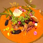 Paste - Salad of cured eggplant, air dried beef, ginger flower fermented guava with kaffir lime juice and dry spice mix