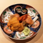 寿司 中川 - 赤貝、赤貝の肝、紐と胡瓜巻、国産の数の子