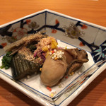 日本料理 たかむら - セリ、ナスの揚げ浸し、もって菊、牡蠣の時雨煮。