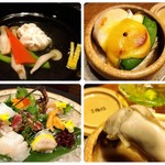 日本料理 梅林 - 左上:椀物、左下:お造り、右上:焼物、右下:焼物(牡蠣)