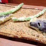 お料理 とみやま - いんげん・シイタケ・茄子の揚げたて